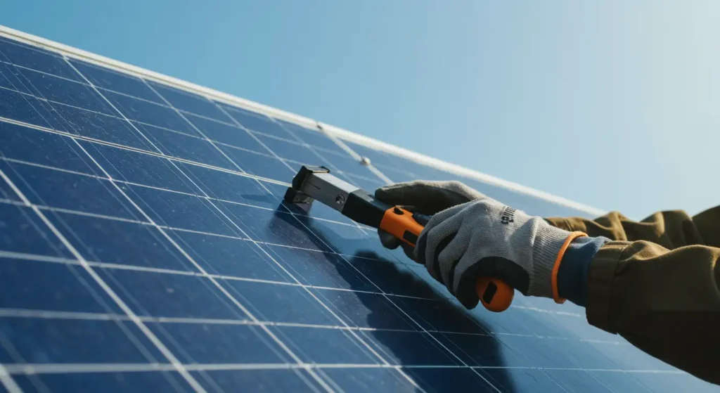 Hand using a tool to clean or maintain a solar panel, showcasing solar energy maintenance in La Mesa, California.