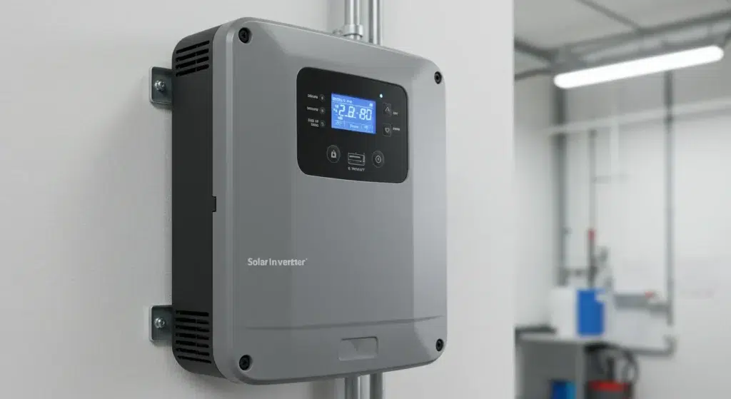 Solar inverter mounted on a wall, displaying digital readout, essential for converting solar panel DC power to AC electricity for home use.