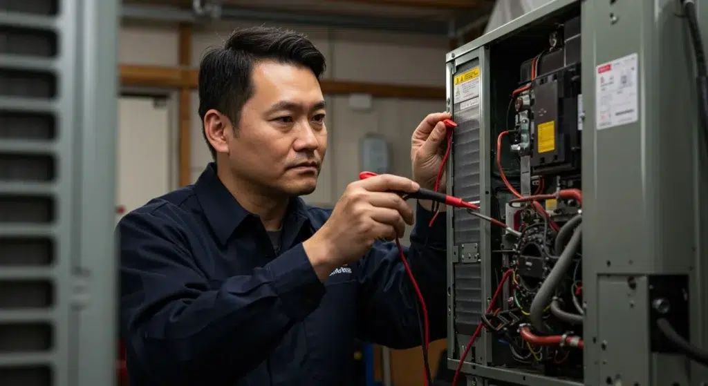 HVAC technician performing heating system repair with multimeter, focusing on electrical components and connections, emphasizing professional service for heating issues in La Mesa.