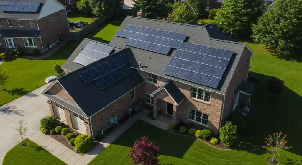 Residential home in Lakeside, CA with solar panels installed on the roof, showcasing energy-efficient design and green technology for sustainable living.