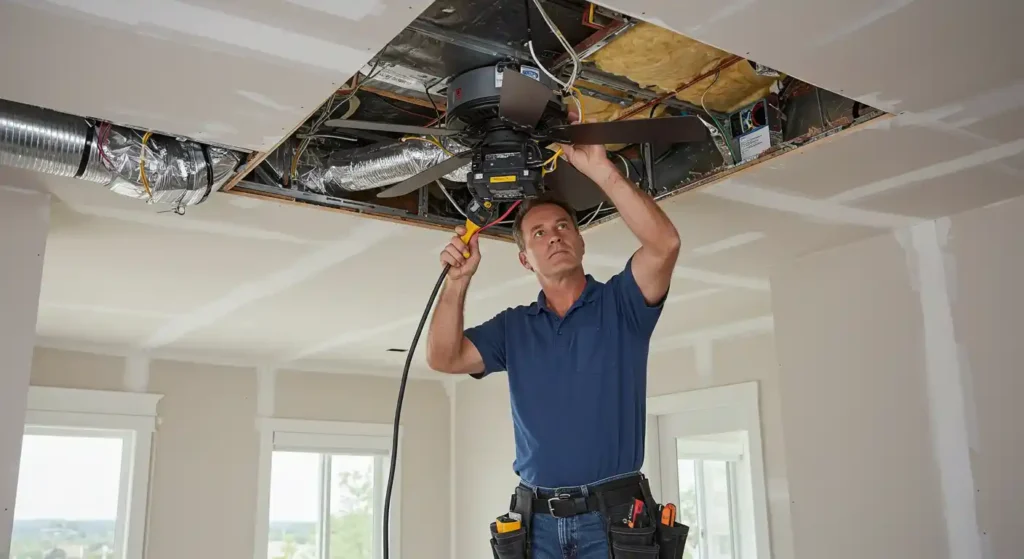 Man installing a whole house fan in a ceiling, showcasing HVAC installation expertise for energy-efficient cooling solutions.