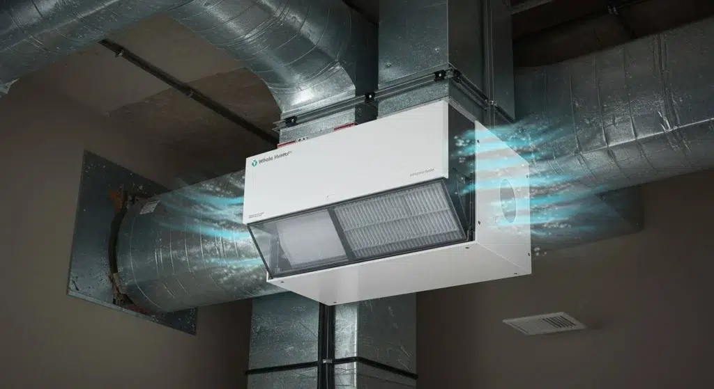 Whole-home air filtration system installed in a residential duct, improving indoor air quality by filtering dust, allergens, and pollutants in Poway homes.