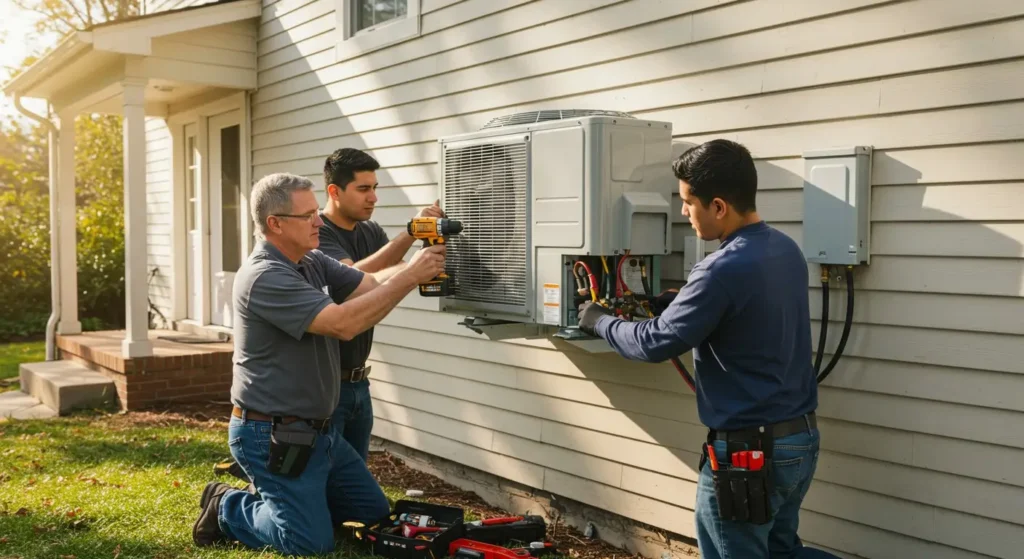 Technicians installing an air conditioning unit on the exterior of a home, emphasizing professional AC installation services for Chula Vista homeowners.