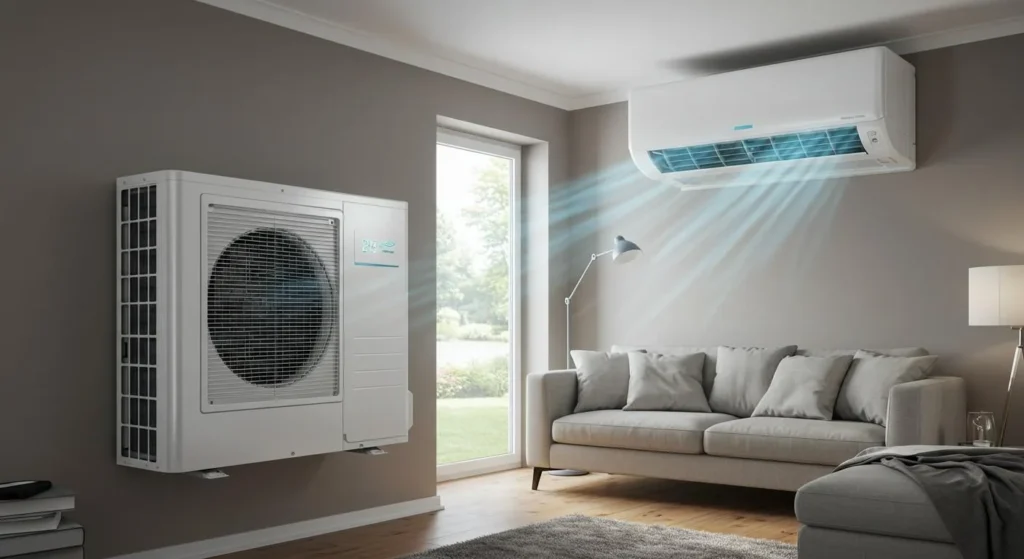 Ductless mini-split AC system installed in a modern living room, featuring an indoor unit mounted above a couch and an outdoor unit visible through a window, demonstrating efficient cooling and energy-saving capabilities.