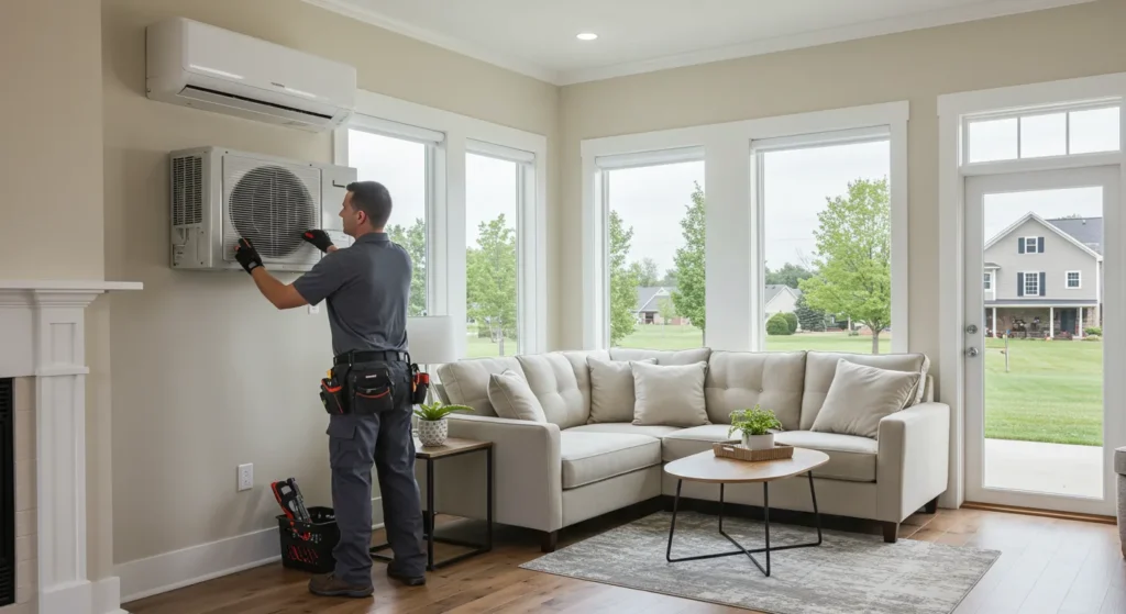 Technician installing a ductless mini-split air conditioning unit on a wall in a modern living room, highlighting energy-efficient home comfort solutions.