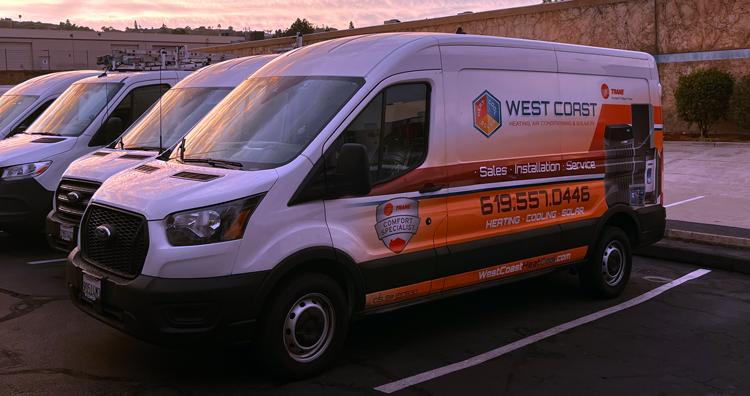 West Coast Heating, Air Conditioning, and Solar service van parked, featuring contact information and service offerings for HVAC, heating, cooling, and solar solutions, emphasizing local service in Ramona.