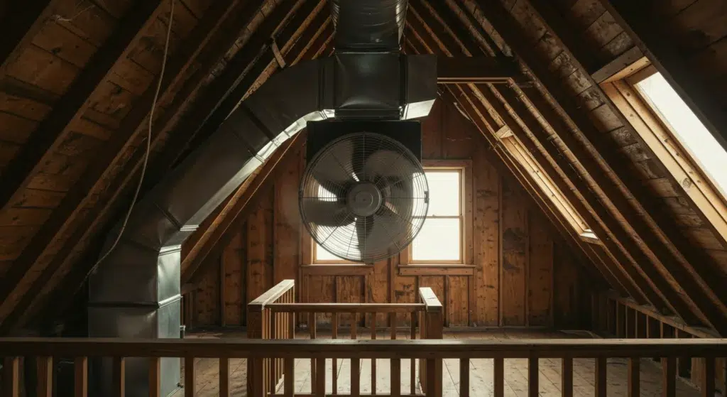 Whole house fan installed in an attic with wooden beams, showcasing ventilation system and windows for air circulation, relevant to energy-efficient cooling solutions in La Mesa.