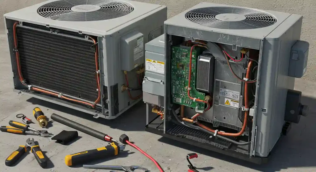 AC unit with open casing showing internal components and tools for repair, representing expert AC repair services in Poway, CA.