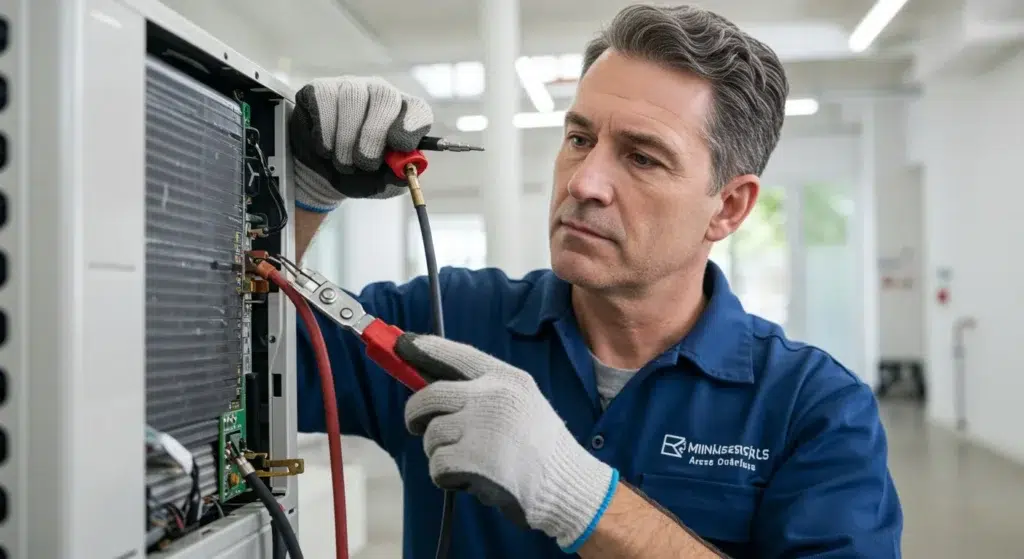 Technician repairing a ductless mini-split AC system, focused on electrical connections, wearing gloves, in a bright indoor environment, reflecting expert HVAC repair services in Lakeside, CA.