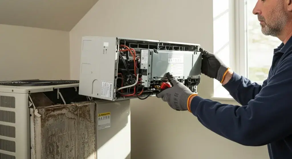 HVAC technician performing maintenance on a mini-split air conditioning unit, ensuring efficient operation and extending system lifespan in a residential setting.