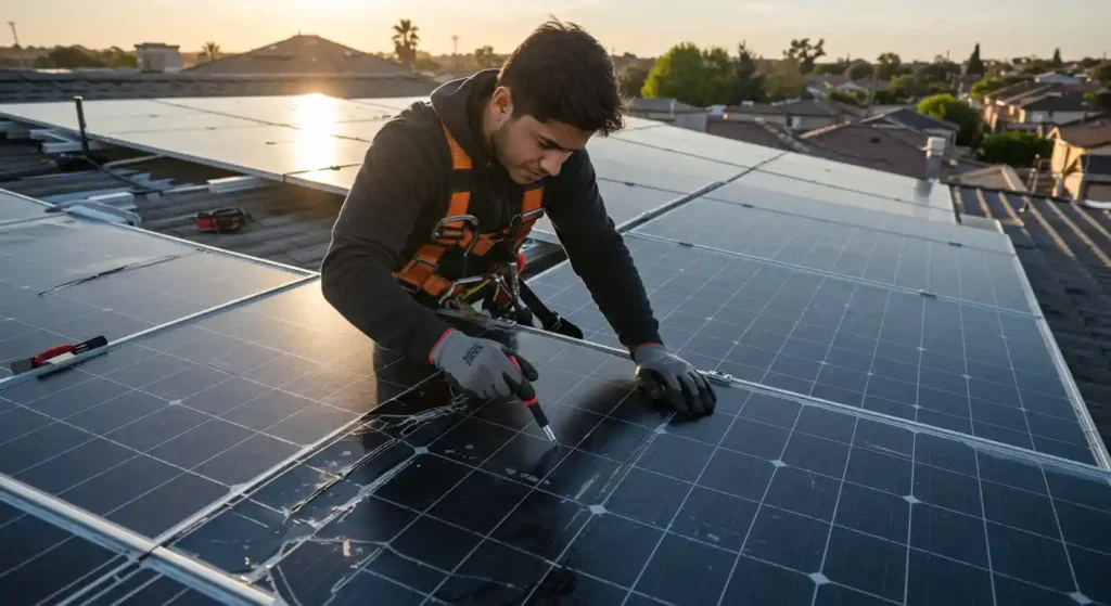 Technician inspecting and repairing solar panels on a rooftop during sunset, emphasizing solar panel maintenance and efficiency.