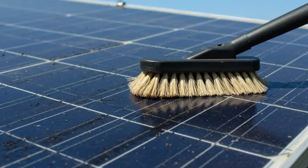 Brush cleaning solar panels to remove dirt and debris for improved energy efficiency in El Cajon, CA.