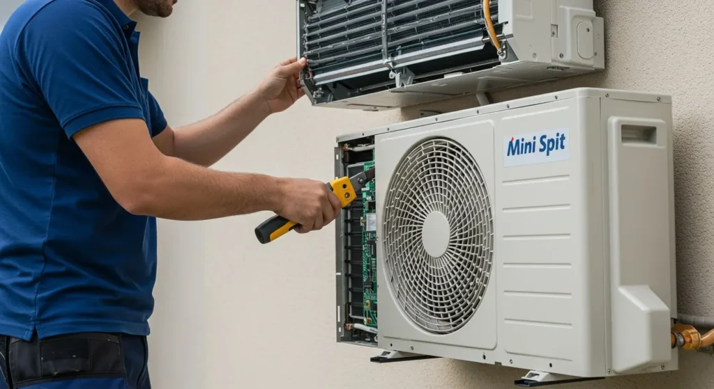 Technician installing ductless mini-split AC unit on exterior wall, showcasing energy-efficient cooling solution for homes in Lakeside, CA.
