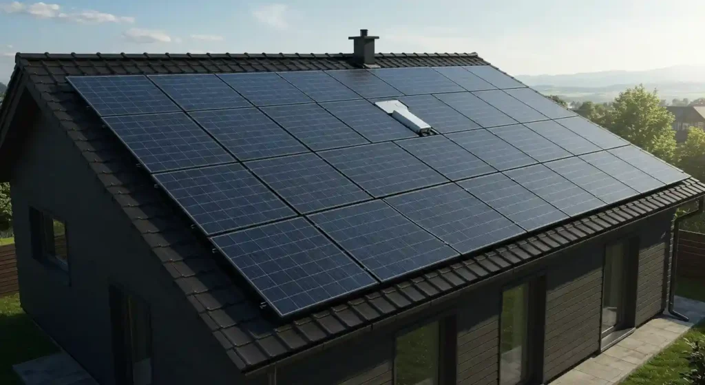 Roof-mounted photovoltaic solar panels on a modern home in a sunny environment, illustrating residential solar energy solutions for homeowners in La Mesa, California.