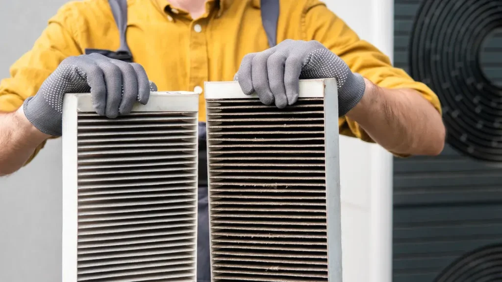 Person wearing gloves holding two air filters, one clean and one contaminated, illustrating the importance of maintaining air quality in homes.