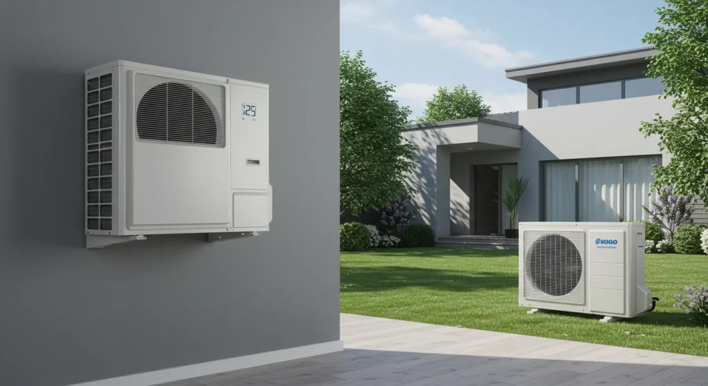 Ductless HVAC unit mounted on a wall and outdoor compressor unit in residential setting, illustrating efficient heating and cooling solutions for Lakeside, CA homes.