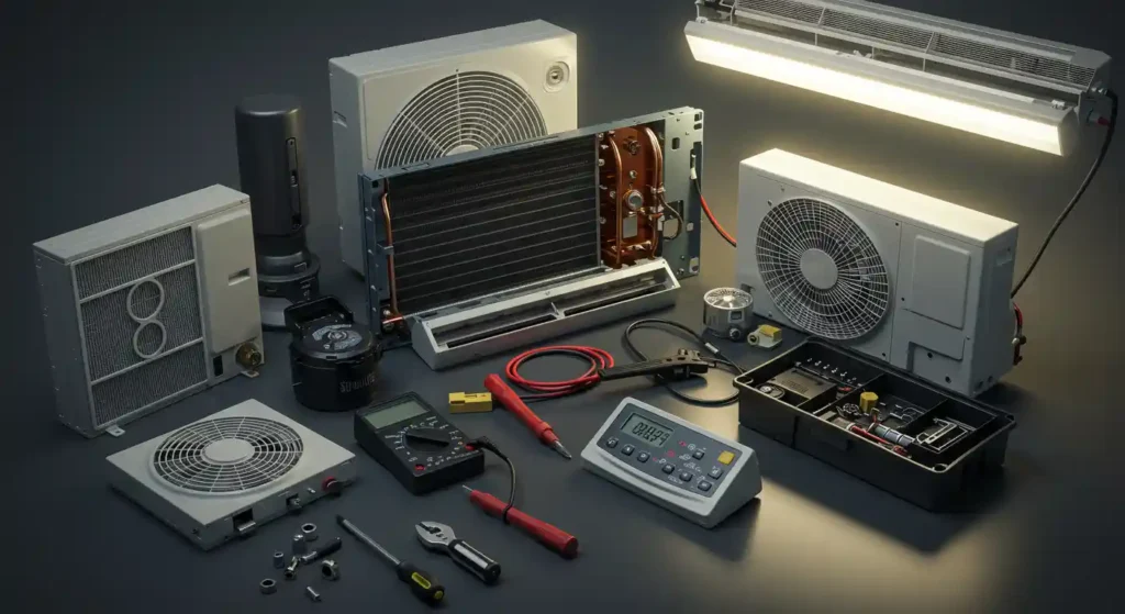 Air conditioning components and tools arranged for maintenance, including fans, coils, a multimeter, and various hand tools, emphasizing the importance of AC service for efficiency and reliability in Poway homes.