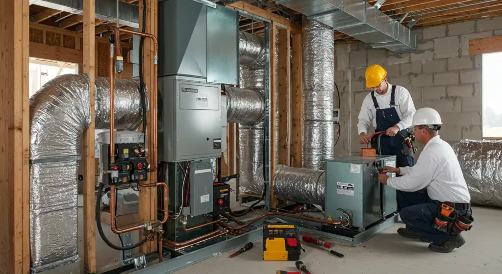 HVAC technicians installing a new heating and cooling system in a home, showcasing ductwork and equipment relevant to energy-efficient HVAC replacement services in Lakeside, CA.