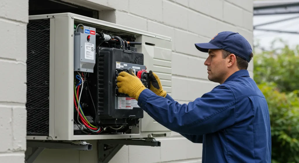 HVAC technician performing maintenance on an outdoor air conditioning unit, emphasizing professional service for efficient home cooling in San Diego.