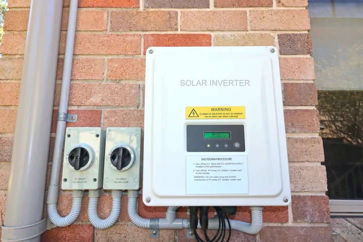 Solar inverter mounted on a brick wall, featuring warning label and operational controls, relevant to energy-efficient heating solutions in San Diego.