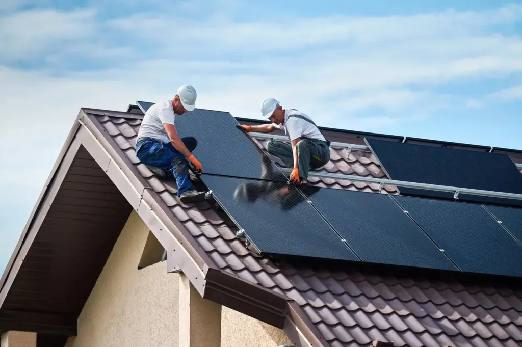 A team of technicians wearing white hard hat is installing solar panels in roof top