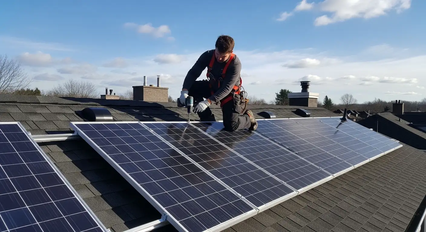 A technicians is installing solar panels in roof top