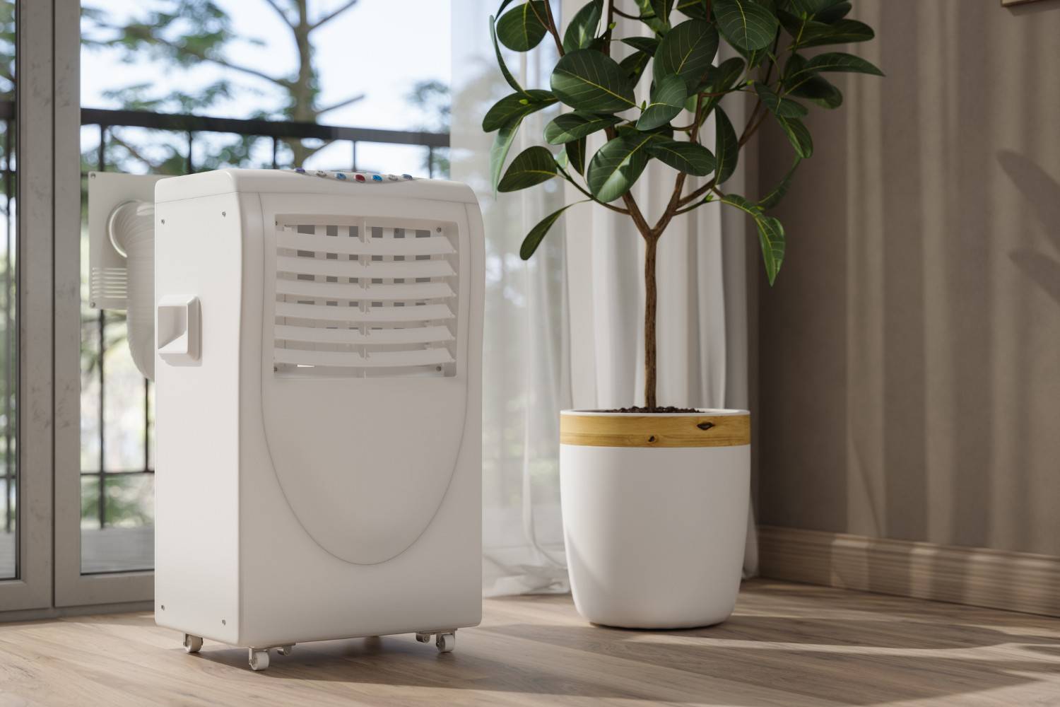 A white portable air conditioner or dehumidifier with wheels stands on a wooden floor next to a potted green plant. A flexible exhaust hose is connected to a nearby window in a bright room.