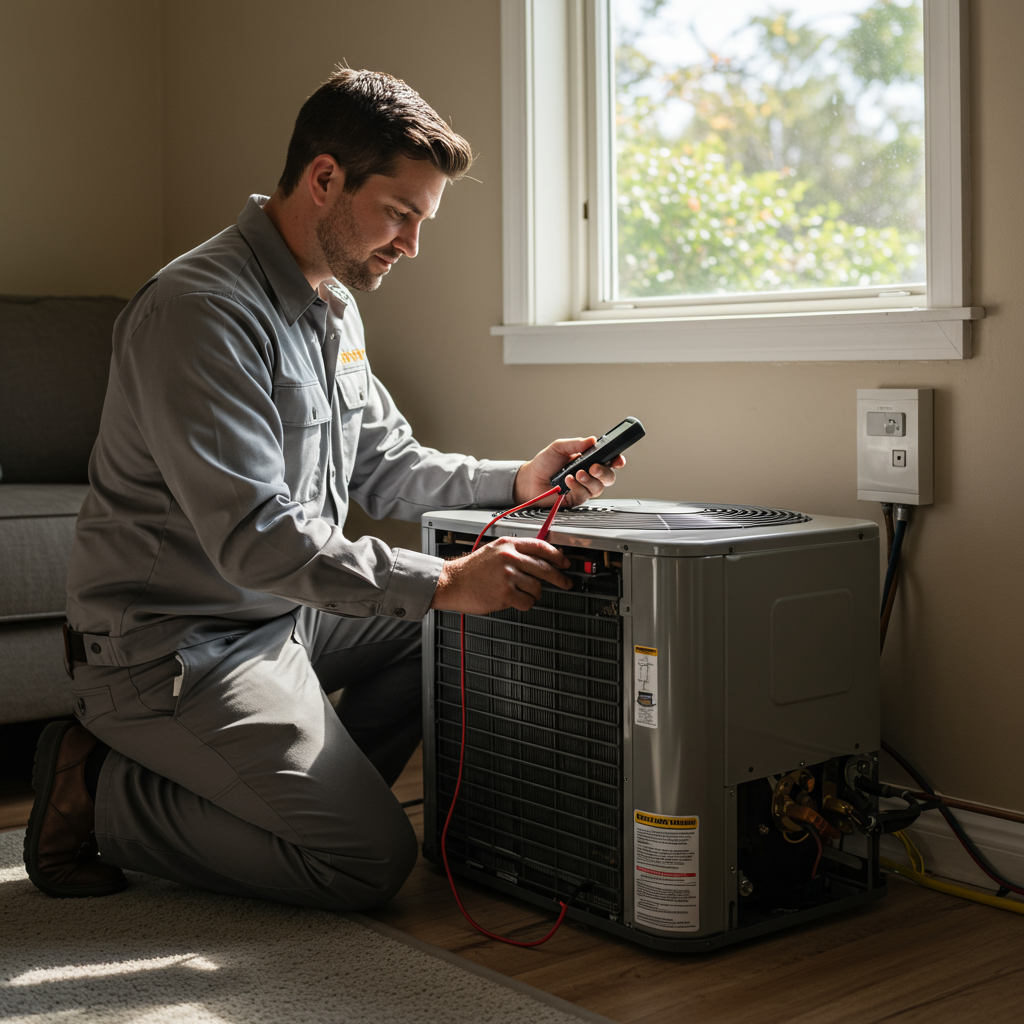AC repair technician uses a multimeter to diagnose an indoor air conditioning unit.