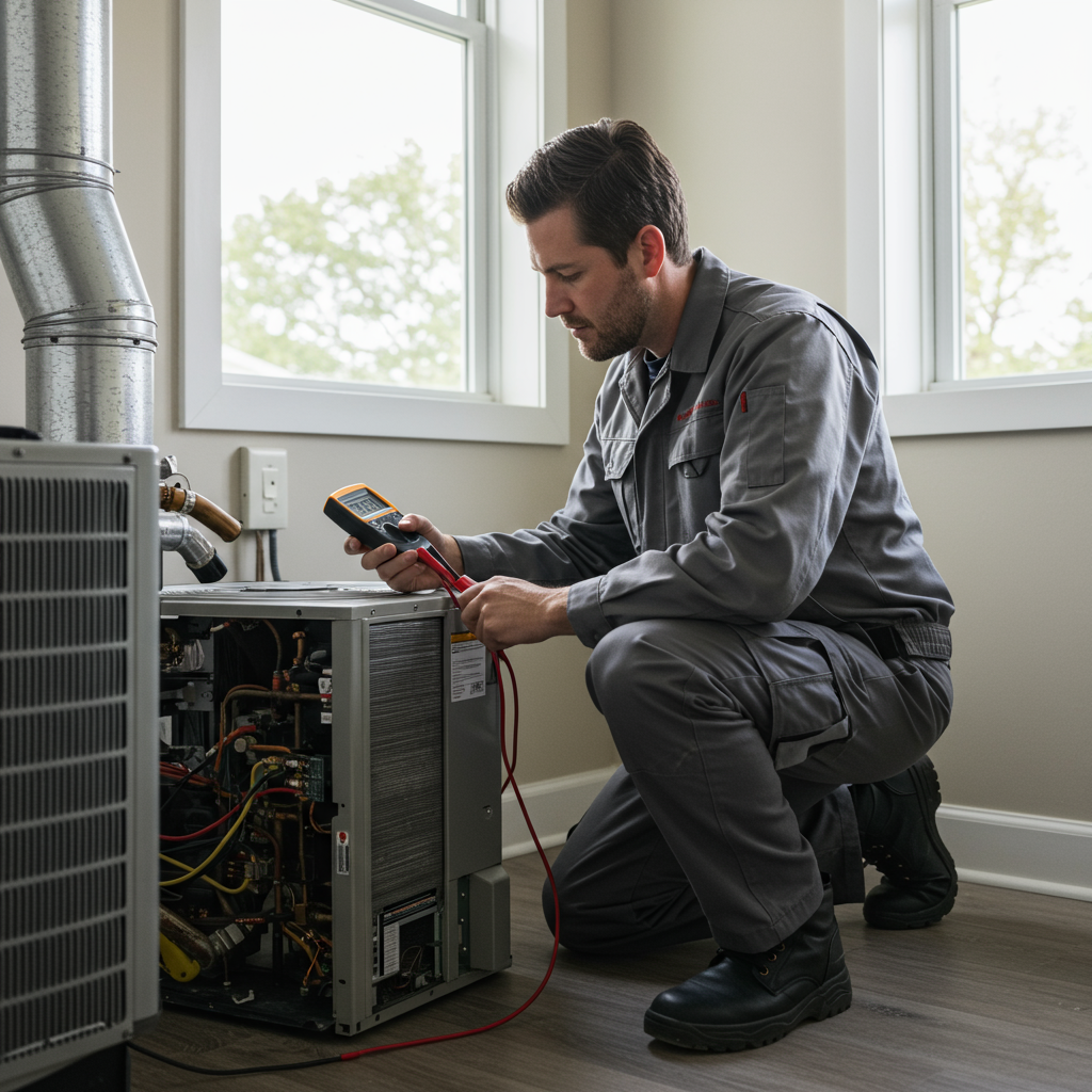 Technician in uniform uses a multimeter to check wiring inside an open AC unit during installation.