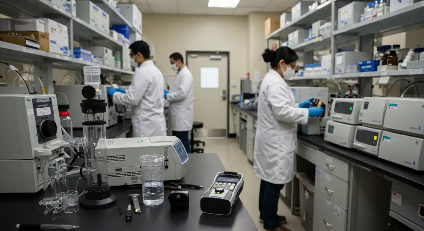 Three lab technicians in white coats and face masks work with scientific equipment in a modern laboratory. The room is lined with shelves of supplies and features various testing machines on black countertops.