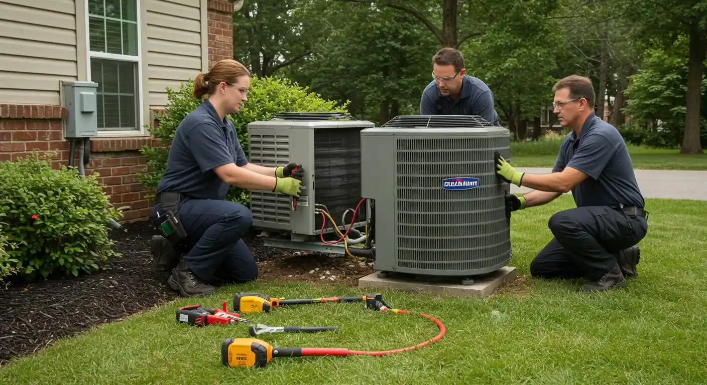 HVAC technicians servicing outdoor air conditioner.