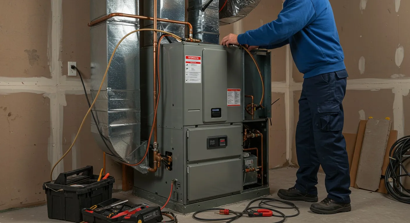 Technician working on a residential furnace.