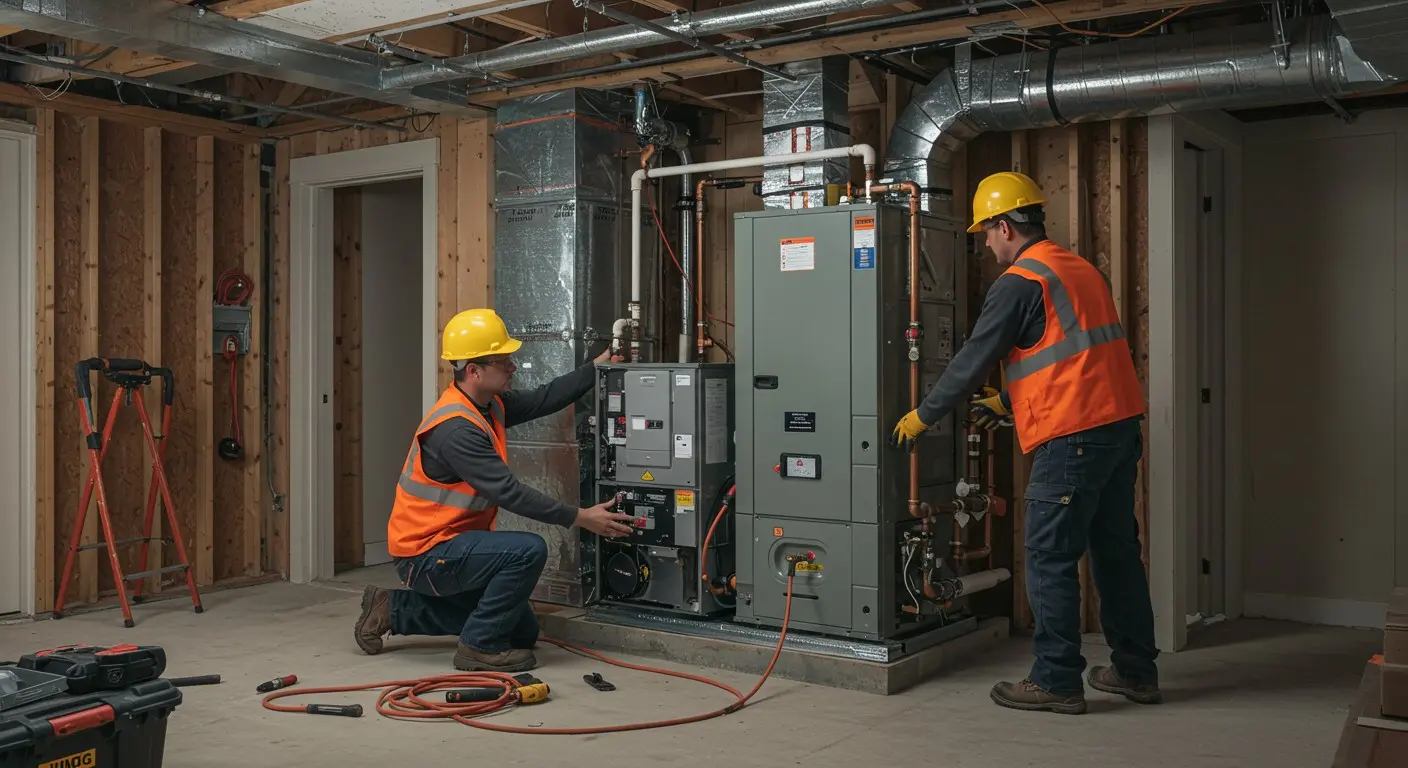 Two technicians installing large heating unit.