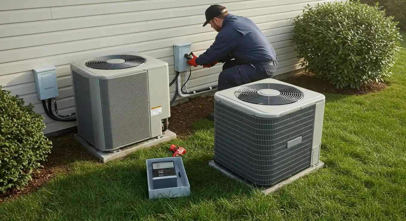 Technician connecting electrical to outdoor Heat Pump units.