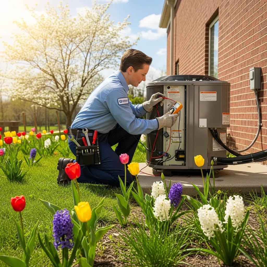 Technician performing HVAC maintenance in spring with blooming flowers