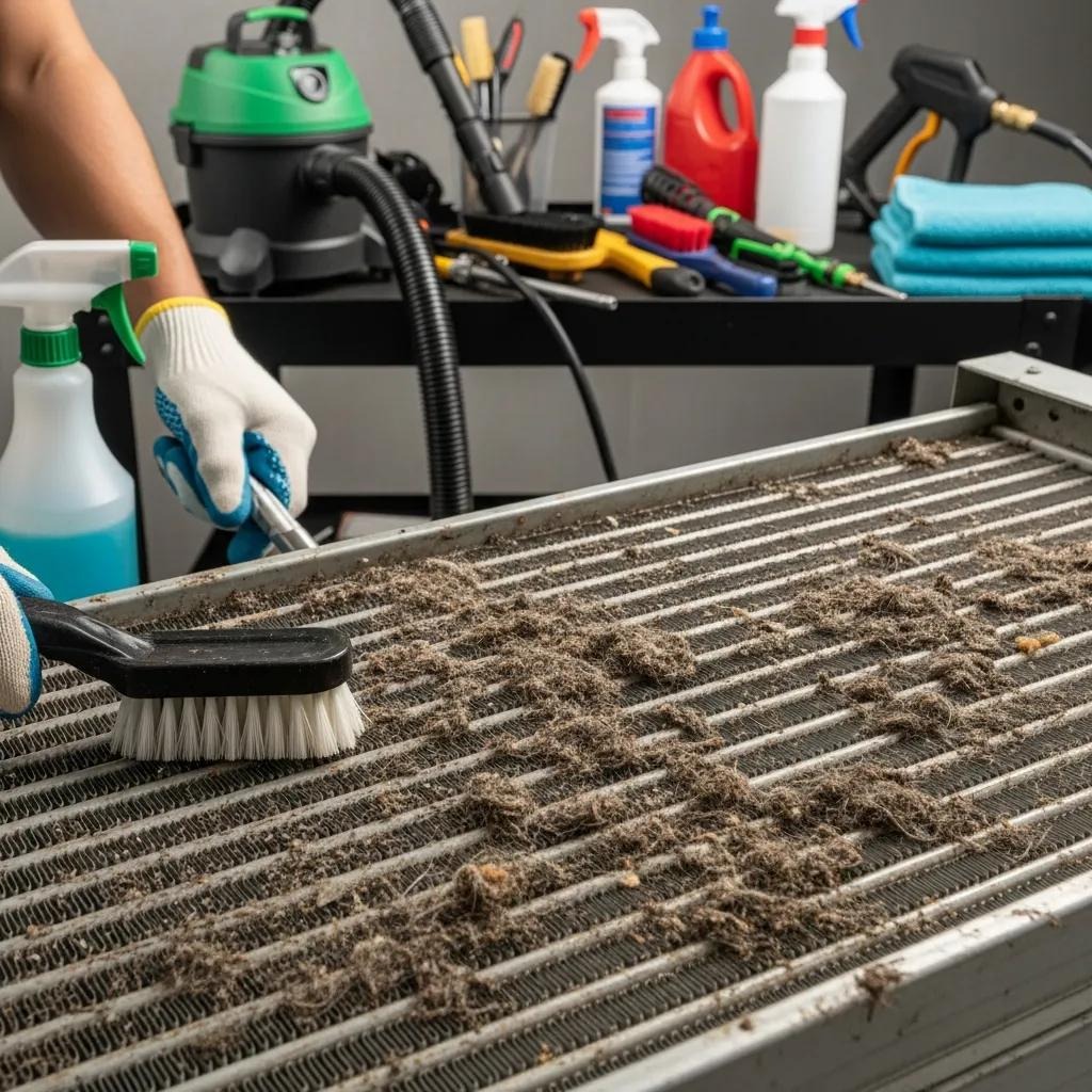 Technician cleaning clogged HVAC coils to prevent spring issues