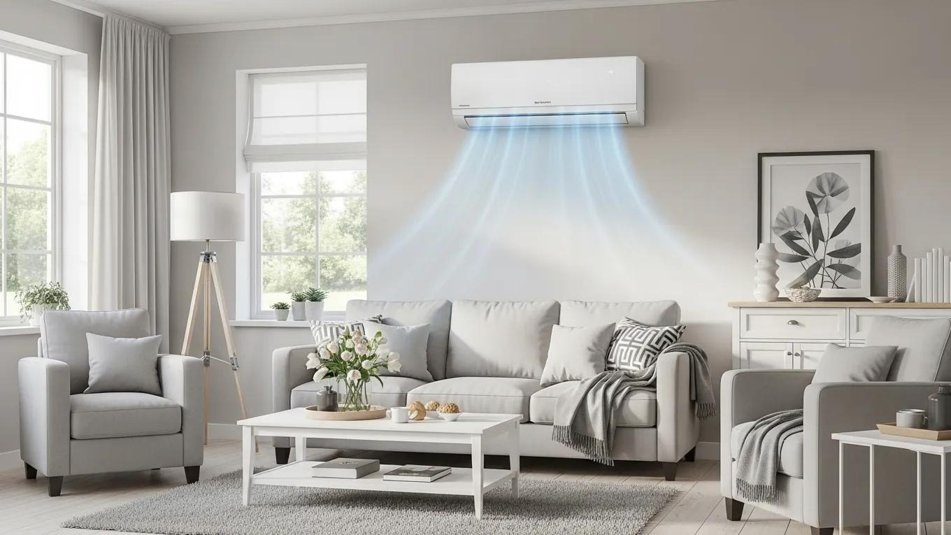 Modern air conditioning unit in a bright living room, showcasing comfort and efficiency