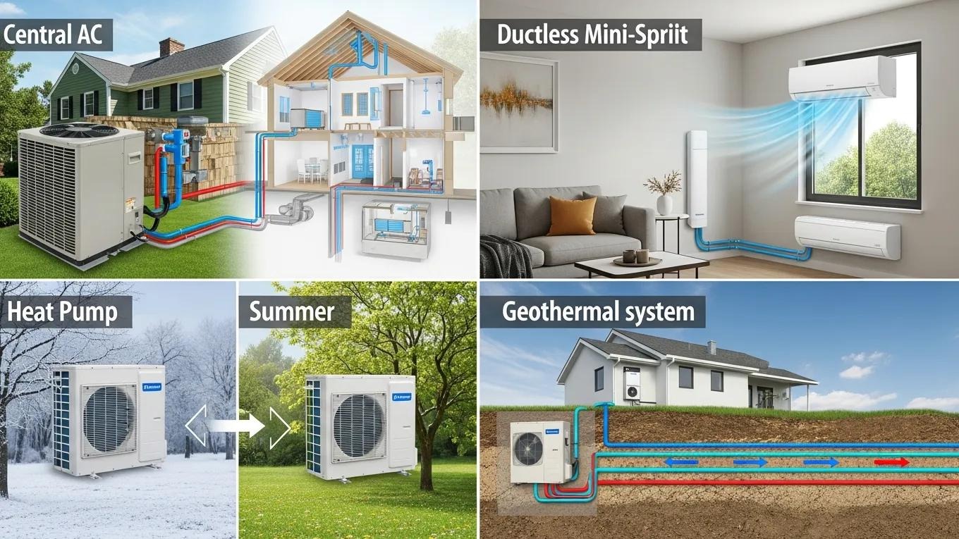 Collage of various air conditioning systems including central AC, ductless mini-split, heat pump, and geothermal