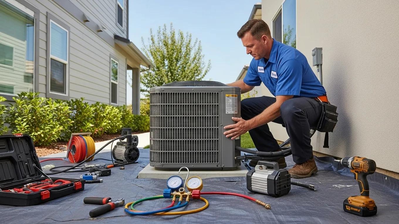 HVAC technician installing an air conditioning unit, showcasing the installation process and professionalism