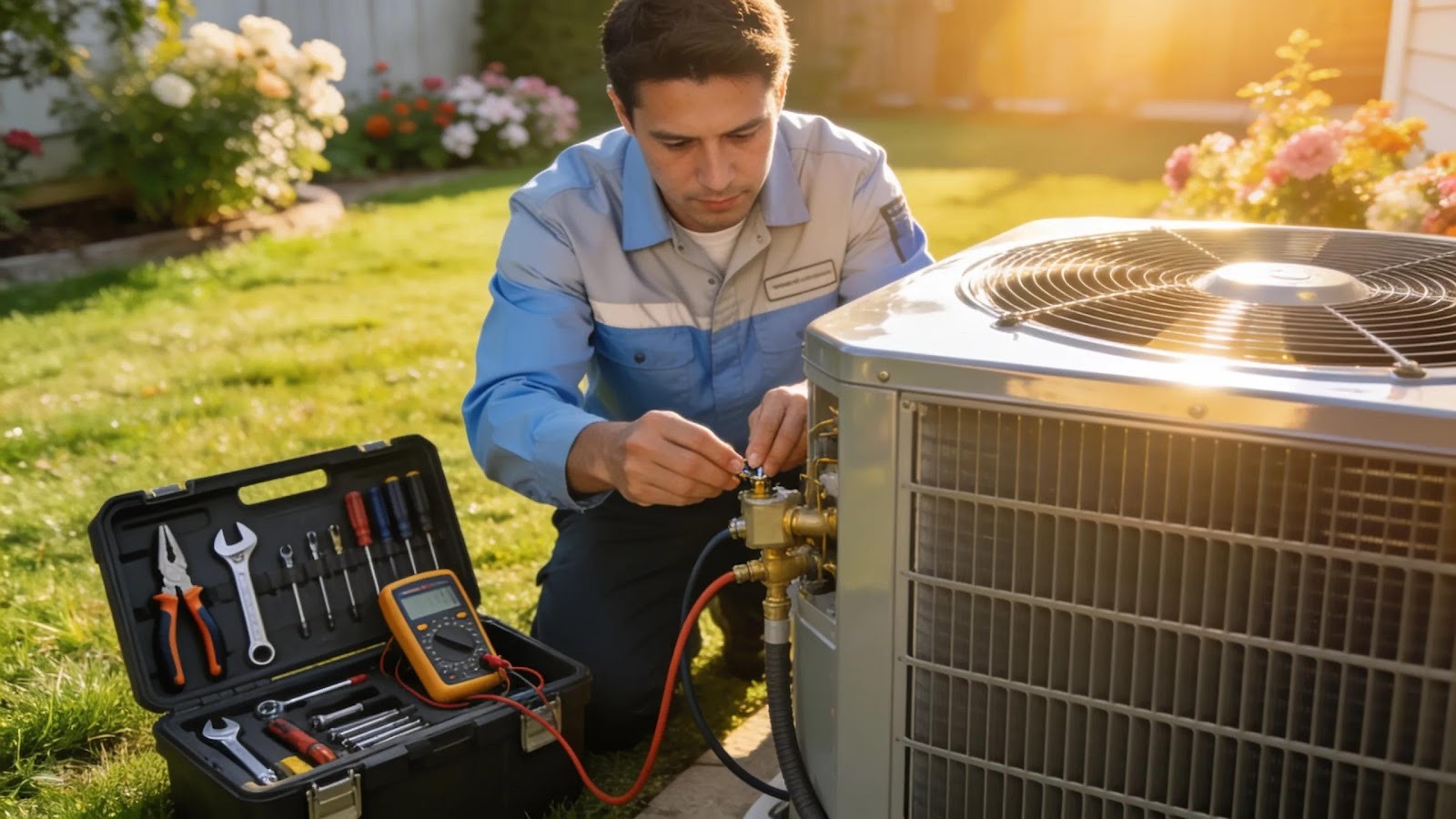 HVAC technician performing annual AC tune-up in a residential backyard