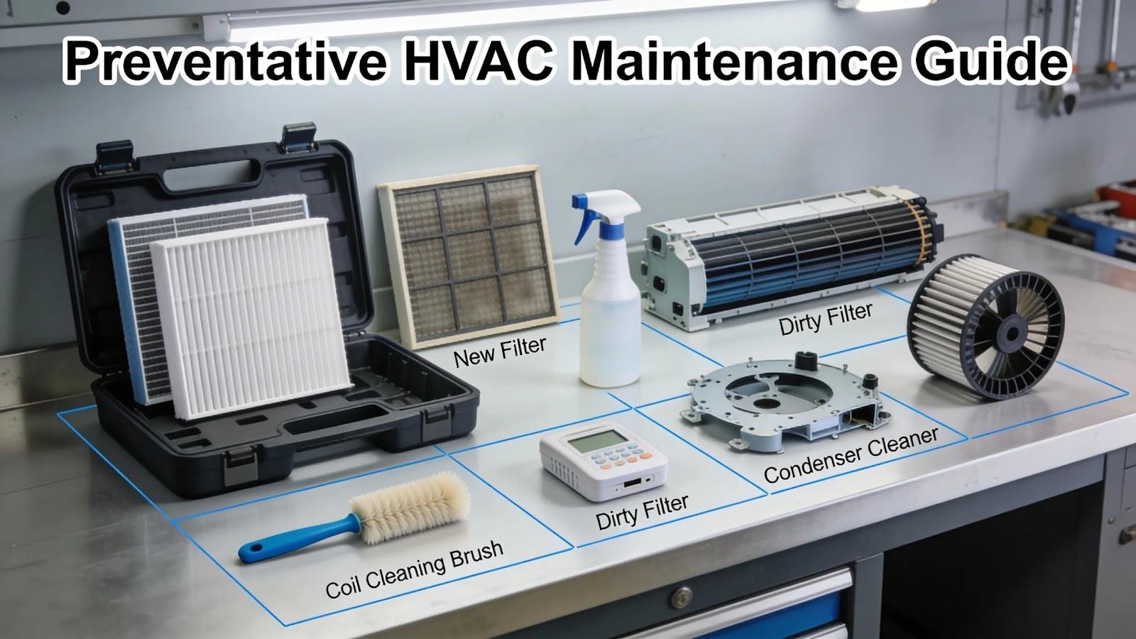 Preventative HVAC maintenance tools and components demonstrating service details