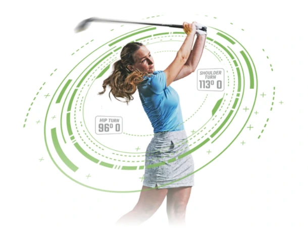 Woman golfer swinging with green metrics for hip and shoulder turn on white background.