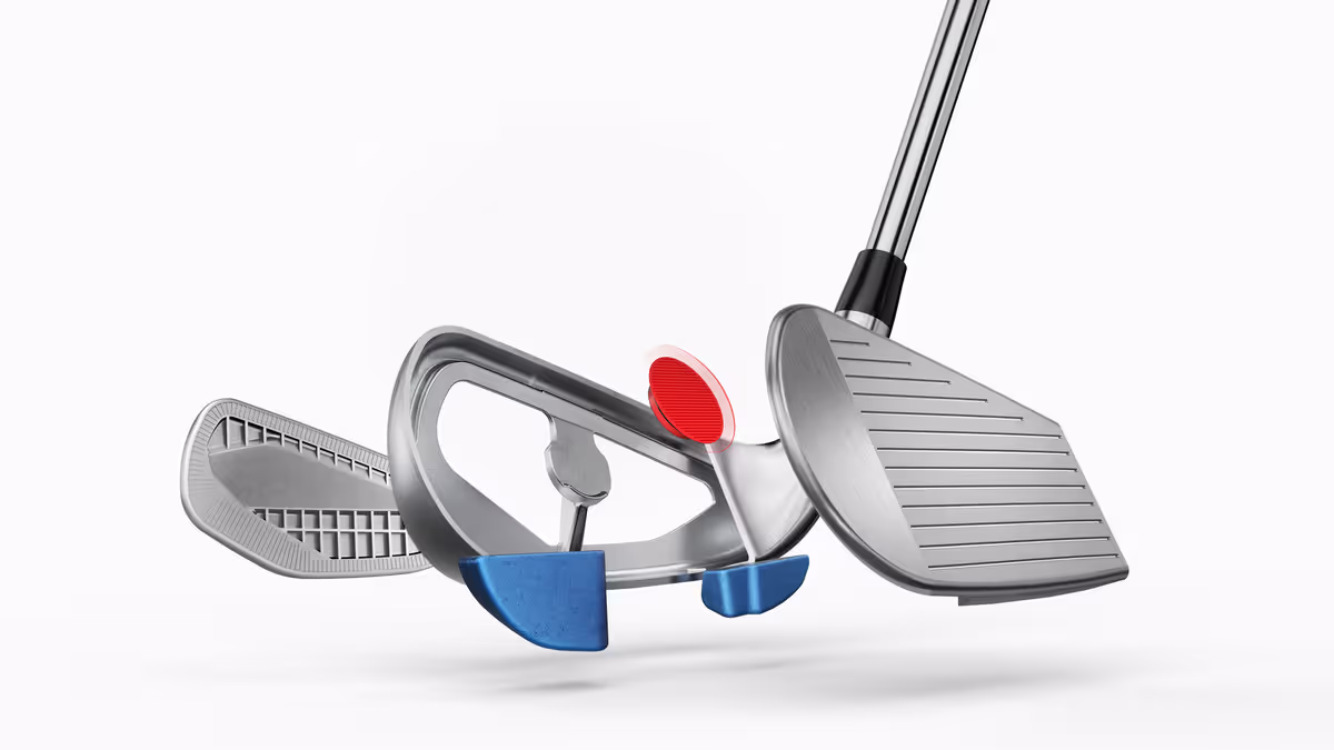 Exploded view of the Titleist T350 iron, highlighting its different components and internal technology. 