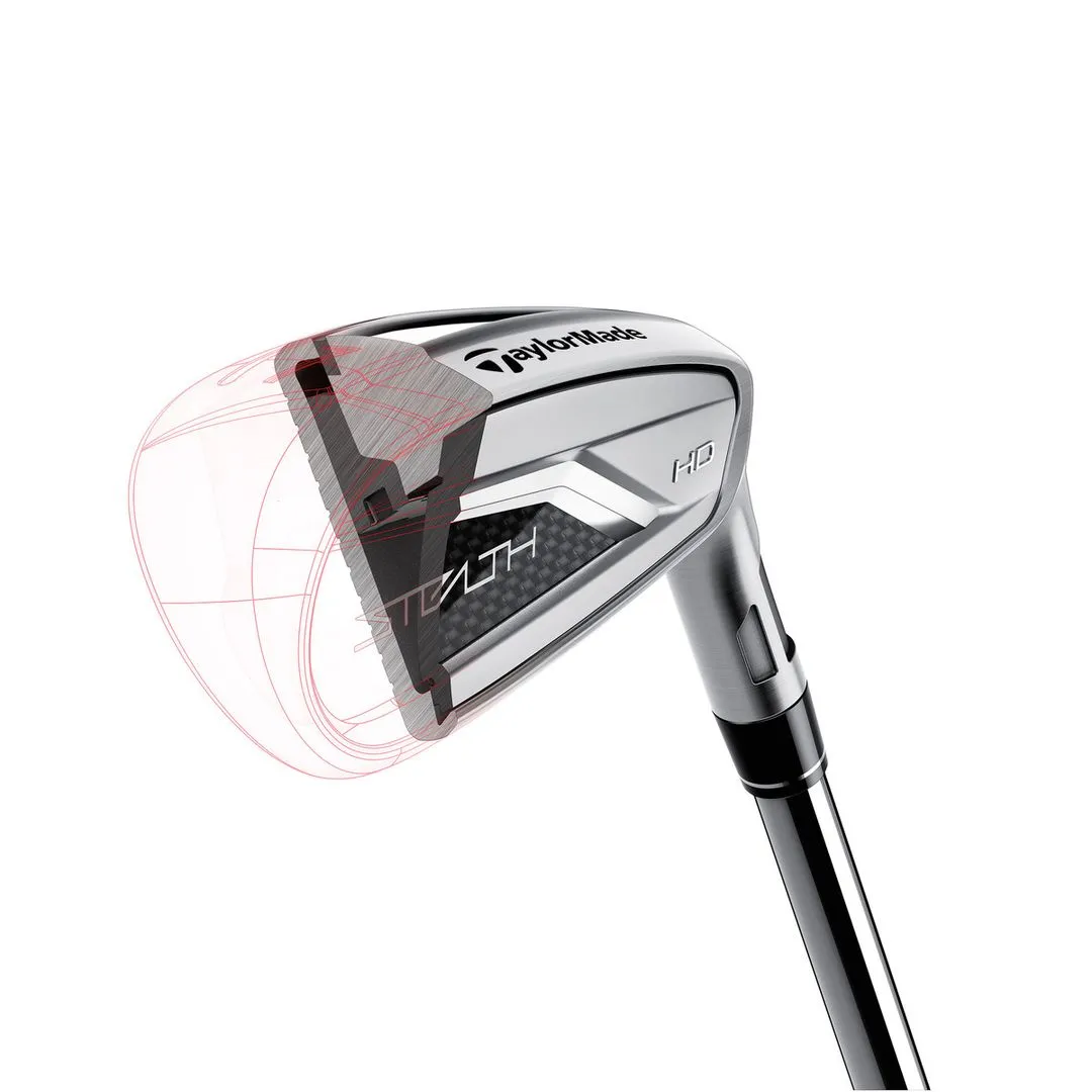 Close-up of the TaylorMade Stealth HD iron showcasing its design, branding, and construction. 