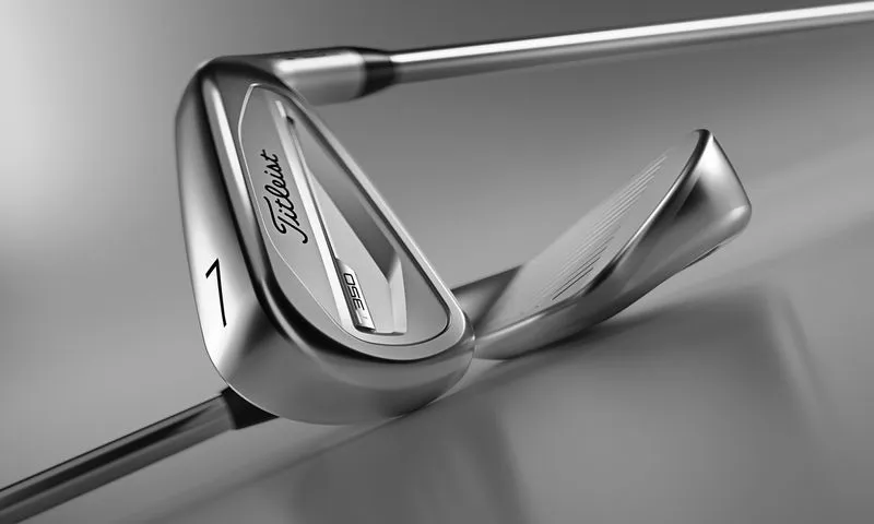 Two Titleist T350 irons showcasing the design features of the clubhead. 