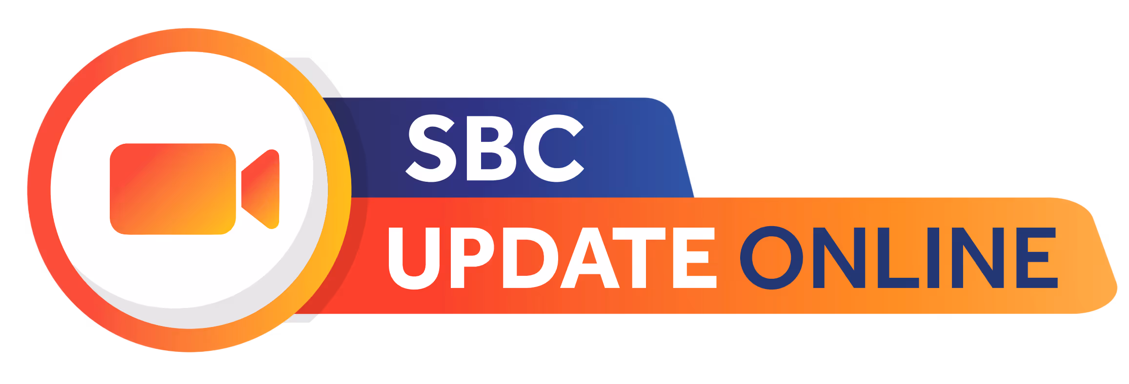 Ícone de câmera de vídeo laranja dentro de círculo com texto SBC UPDATE ONLINE em fundo azul e laranja degradê.