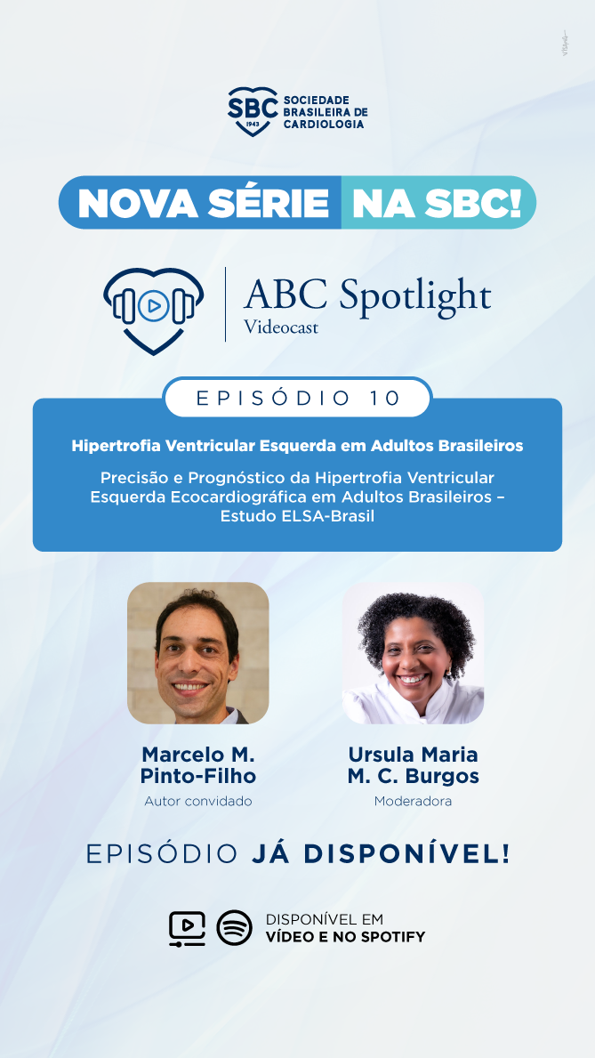 Banner da Sociedade Brasileira de Cardiologia anunciando a nova série ABC Spotlight, episódio 2 sobre cardiomiopatia hipertrófica avaliada por ecocardiografia no estudo ELSA-Brasil, com Murilo Foppa e Jorge Torreão, disponível em vídeo e Spotify.