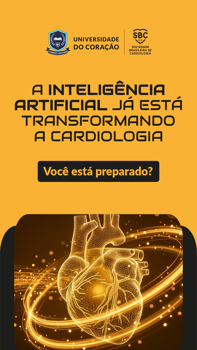 Anúncio do novo curso da Universidade do Coração sobre Diretrizes Aplicadas à Prática Clínica com módulo de Hipertensão Arterial, aulas ao vivo em abril.