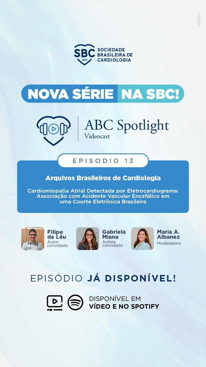 Banner da Sociedade Brasileira de Cardiologia anunciando a nova série ABC Spotlight, episódio 2 sobre cardiomiopatia hipertrófica avaliada por ecocardiografia no estudo ELSA-Brasil, com Murilo Foppa e Jorge Torreão, disponível em vídeo e Spotify.
