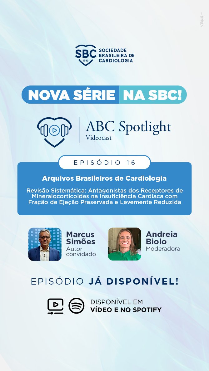Banner da Sociedade Brasileira de Cardiologia anunciando a nova série ABC Spotlight, episódio 2 sobre cardiomiopatia hipertrófica avaliada por ecocardiografia no estudo ELSA-Brasil, com Murilo Foppa e Jorge Torreão, disponível em vídeo e Spotify.